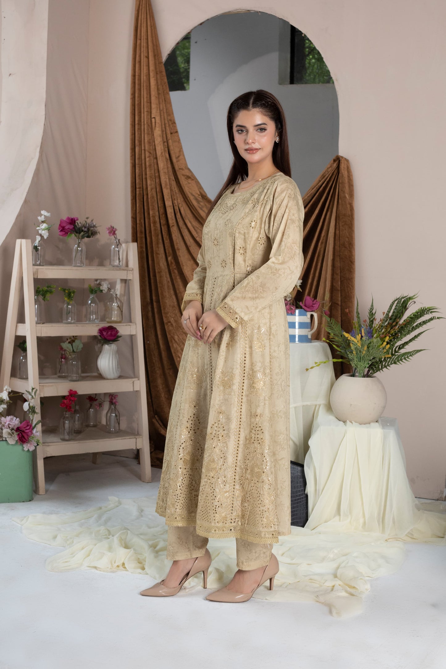 MH003 lawn fancy frock style with lawn dopatta 3pc embroidery ladies suit by threads or buttons
