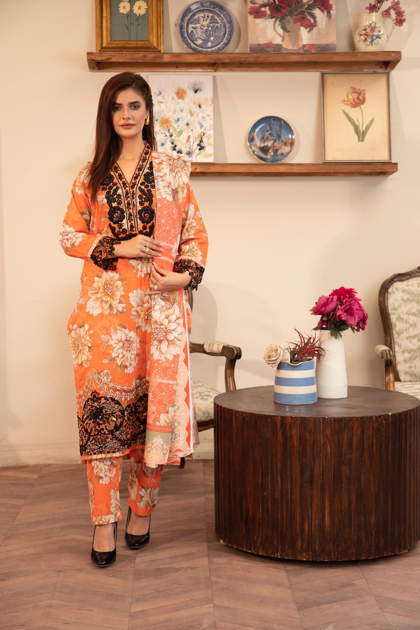 MH018 lawn fancy frock style 3pc ladies patchwork