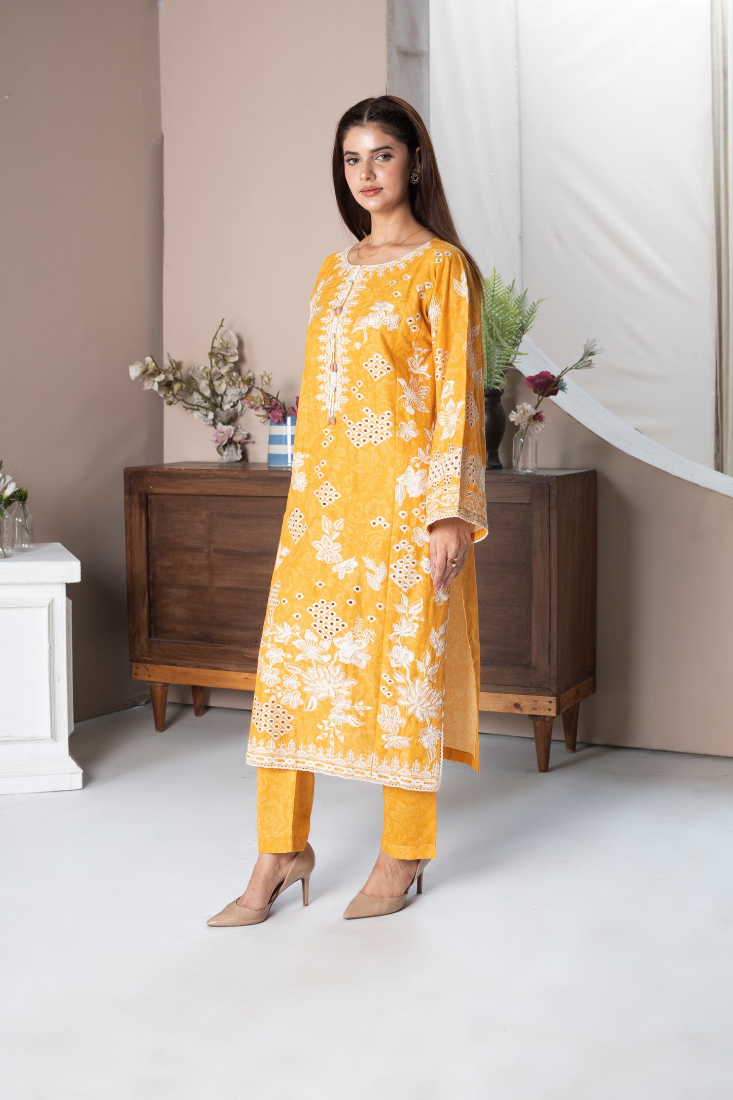 MH005 lawn fancy shirt style ladies suit 3pc by threads or buttons