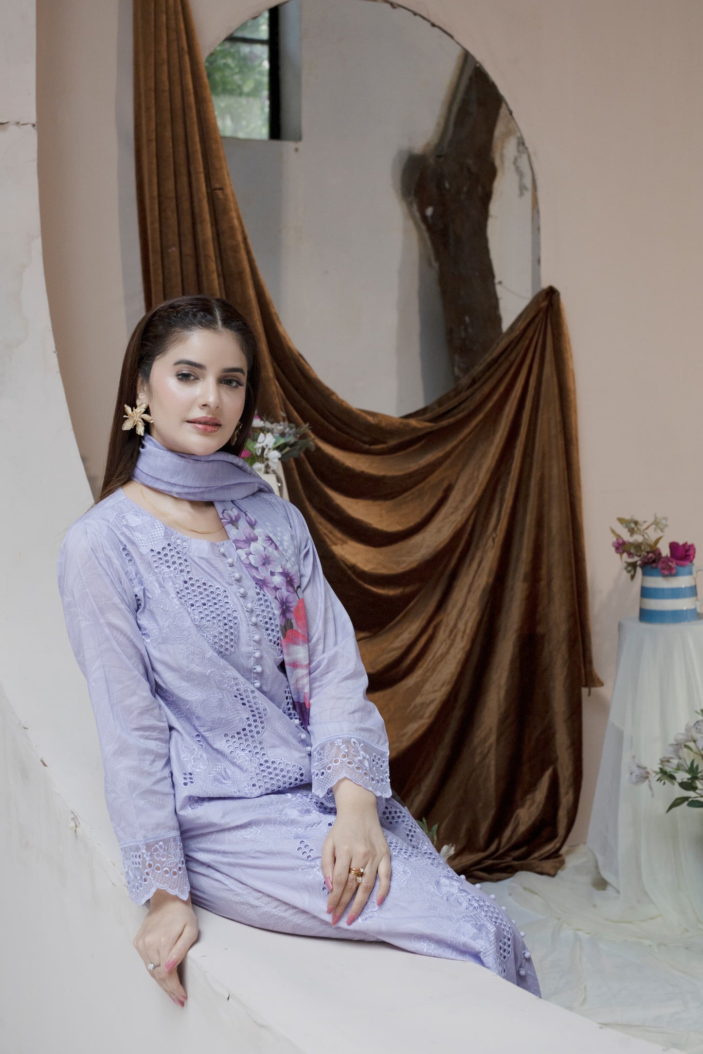 MH004 lawn fancy shirt style 3pc ladies suit by threads or buttons