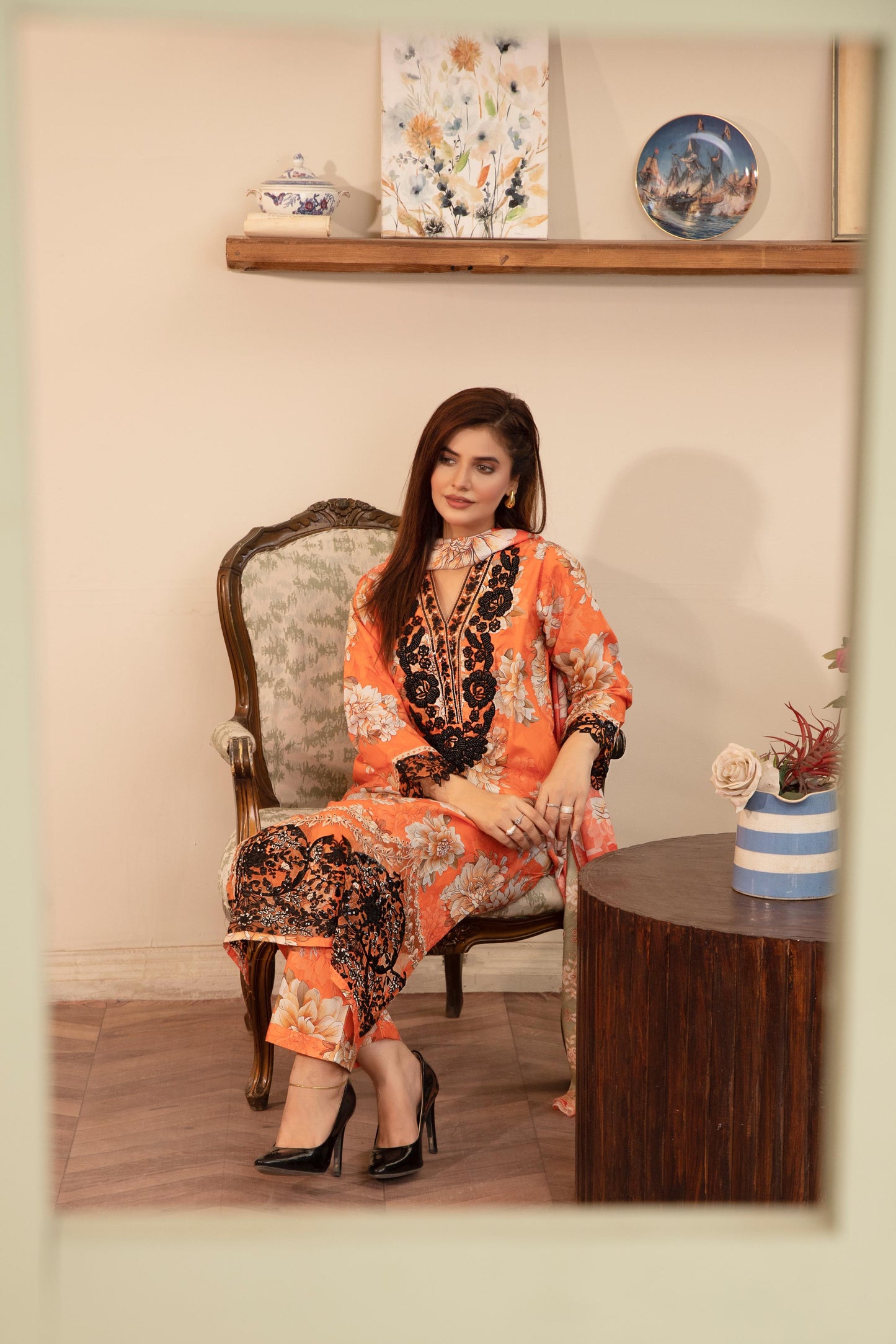 MH018 lawn fancy frock style 3pc ladies patchwork