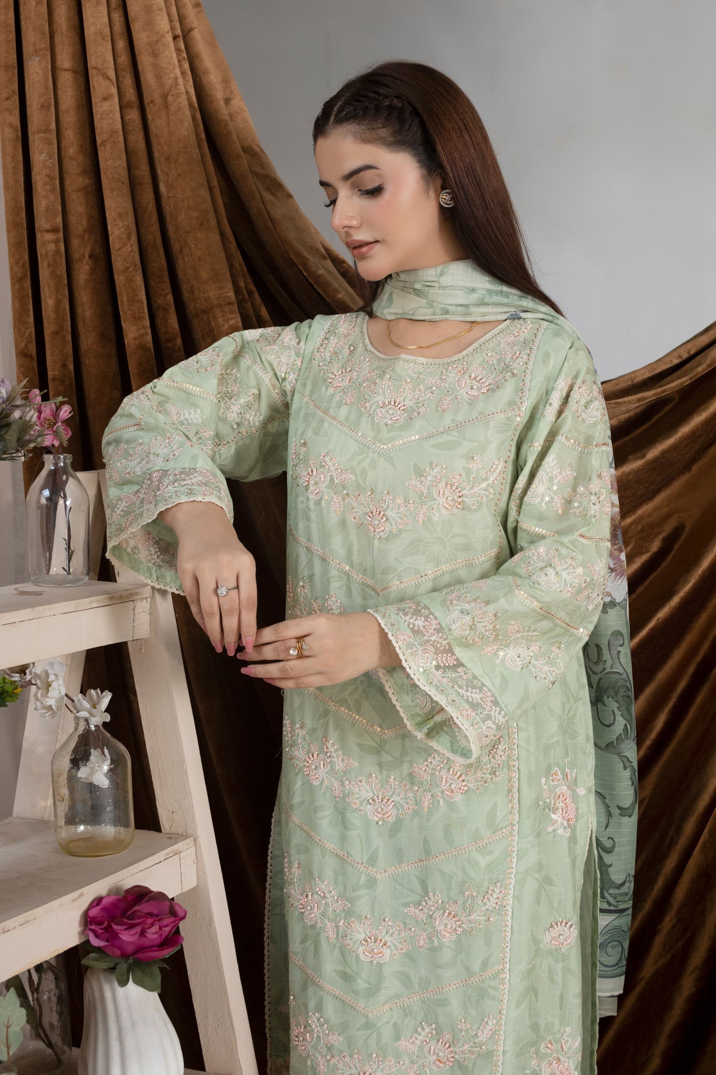 MH008 lawn fancy shirt style 3pc ladies suit by threads or buttons
