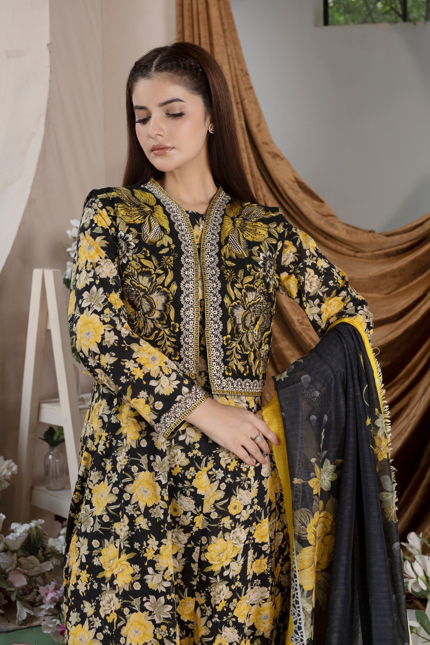 MH002 lawn fancy jacket style with frock 3pc ladies suit