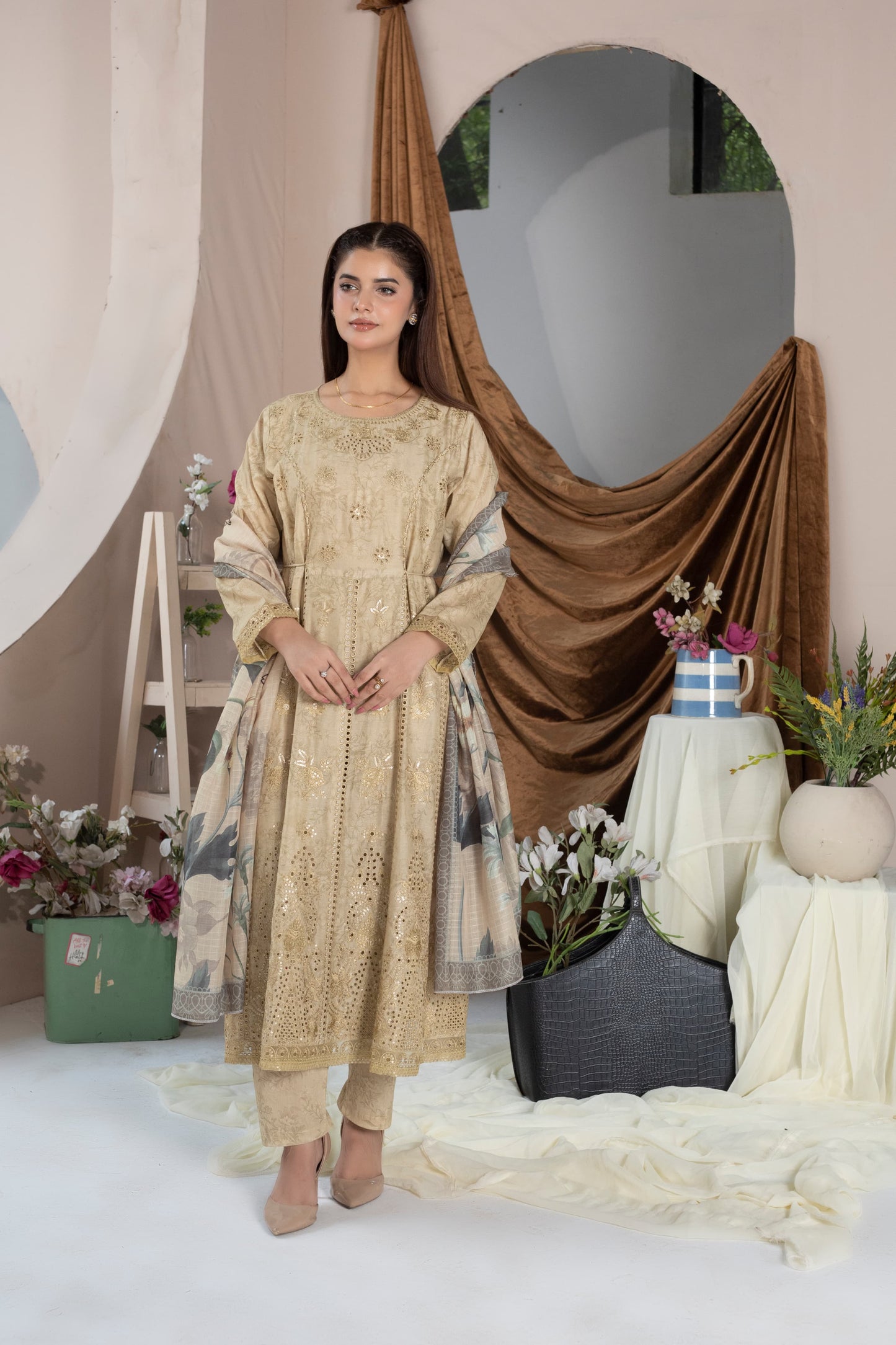 MH003 lawn fancy frock style with lawn dopatta 3pc embroidery ladies suit by threads or buttons
