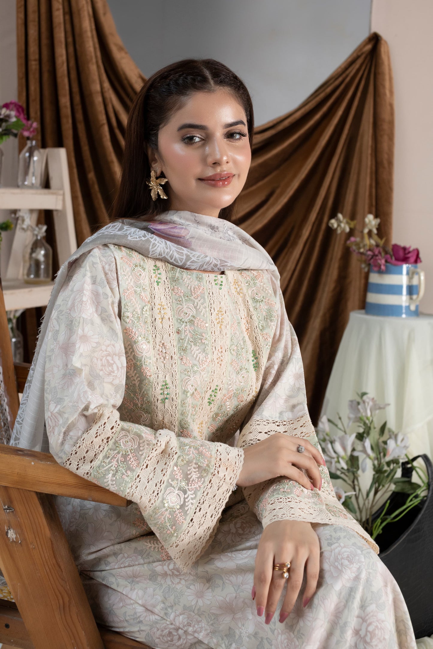 MH010 lawn fancy shirt style 3pc ladies suit by threads or buttons