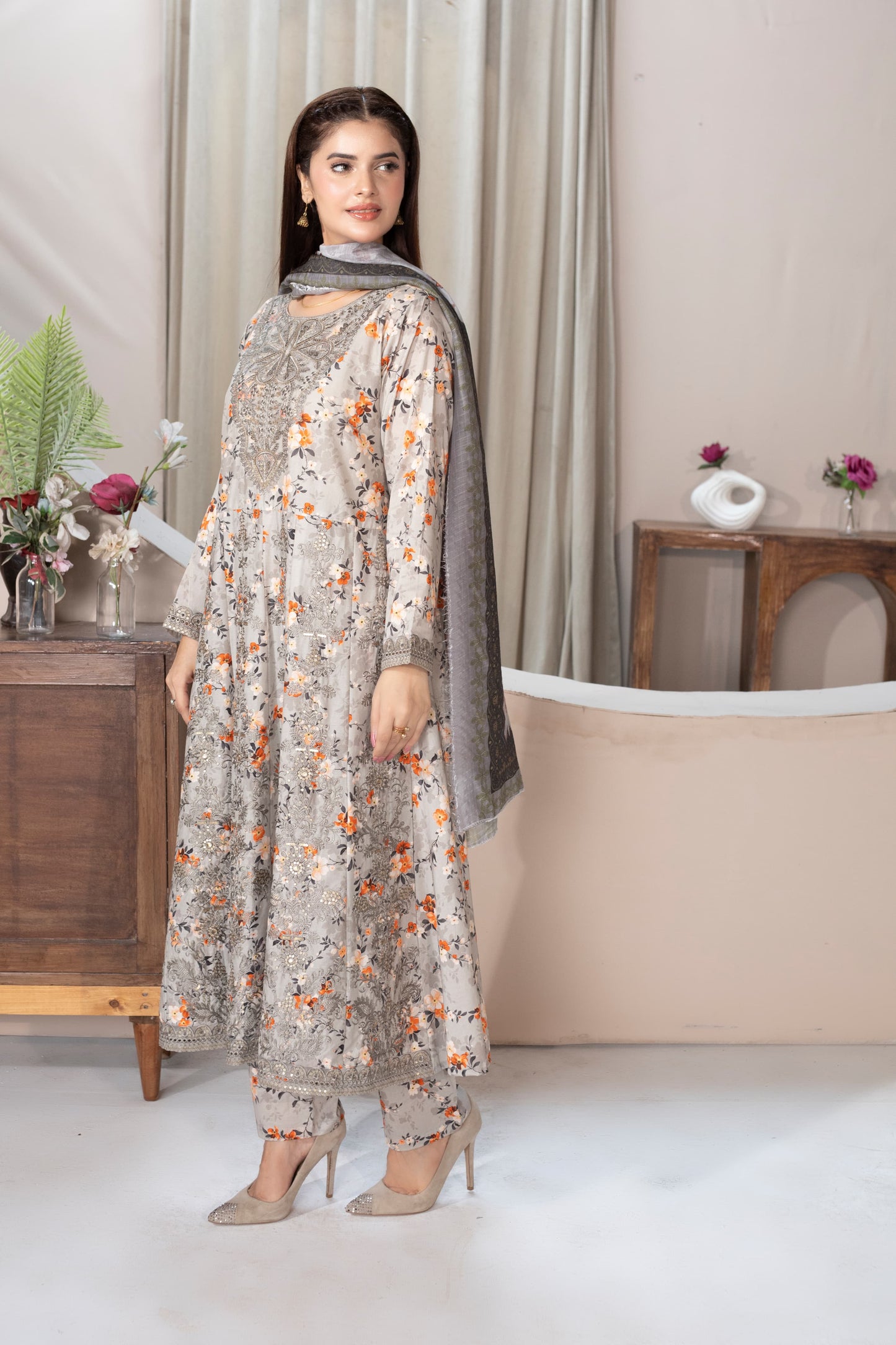 MH009 lawn fancy frock style 3pc ladies suit by threads or buttons
