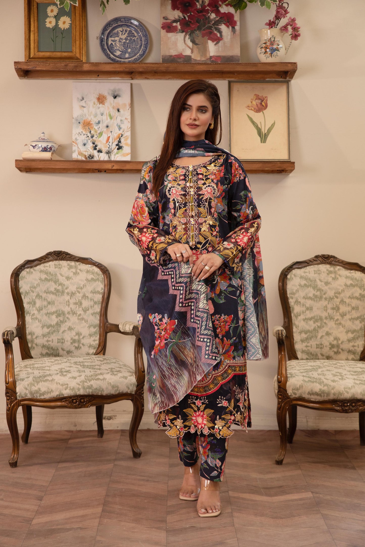 MH019 lawn fancy frock style patch work 3pc ladies suit