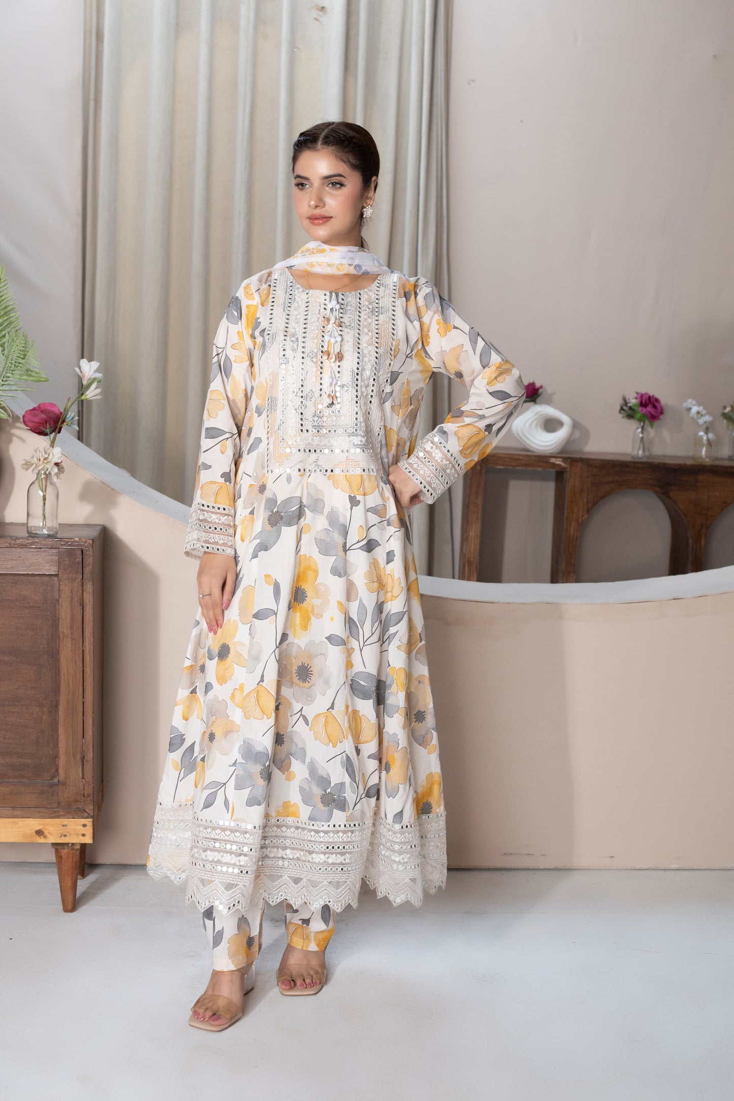 MH001 lawn fancy frock style with lawn dopatta 3pc embroidery ladies suit