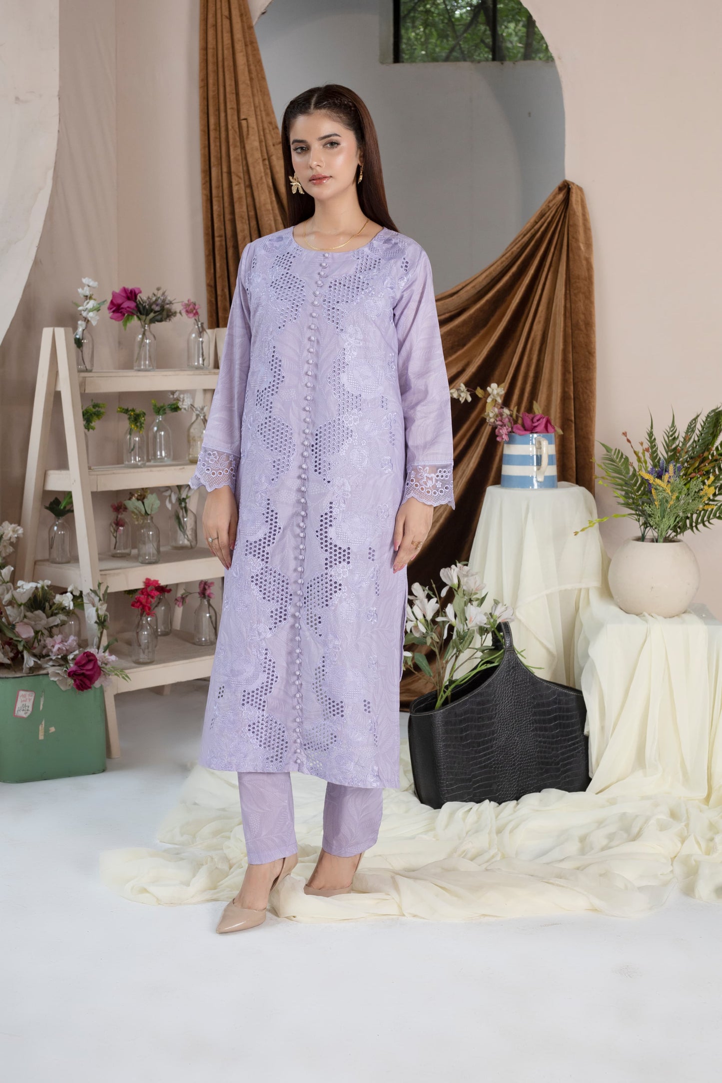 MH004 lawn fancy shirt style 3pc ladies suit by threads or buttons