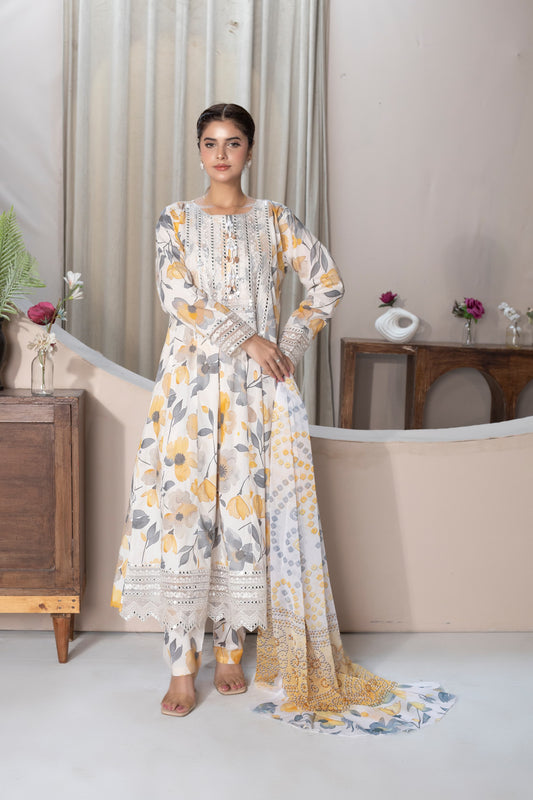 MH001 lawn fancy frock style with lawn dopatta 3pc embroidery ladies suit