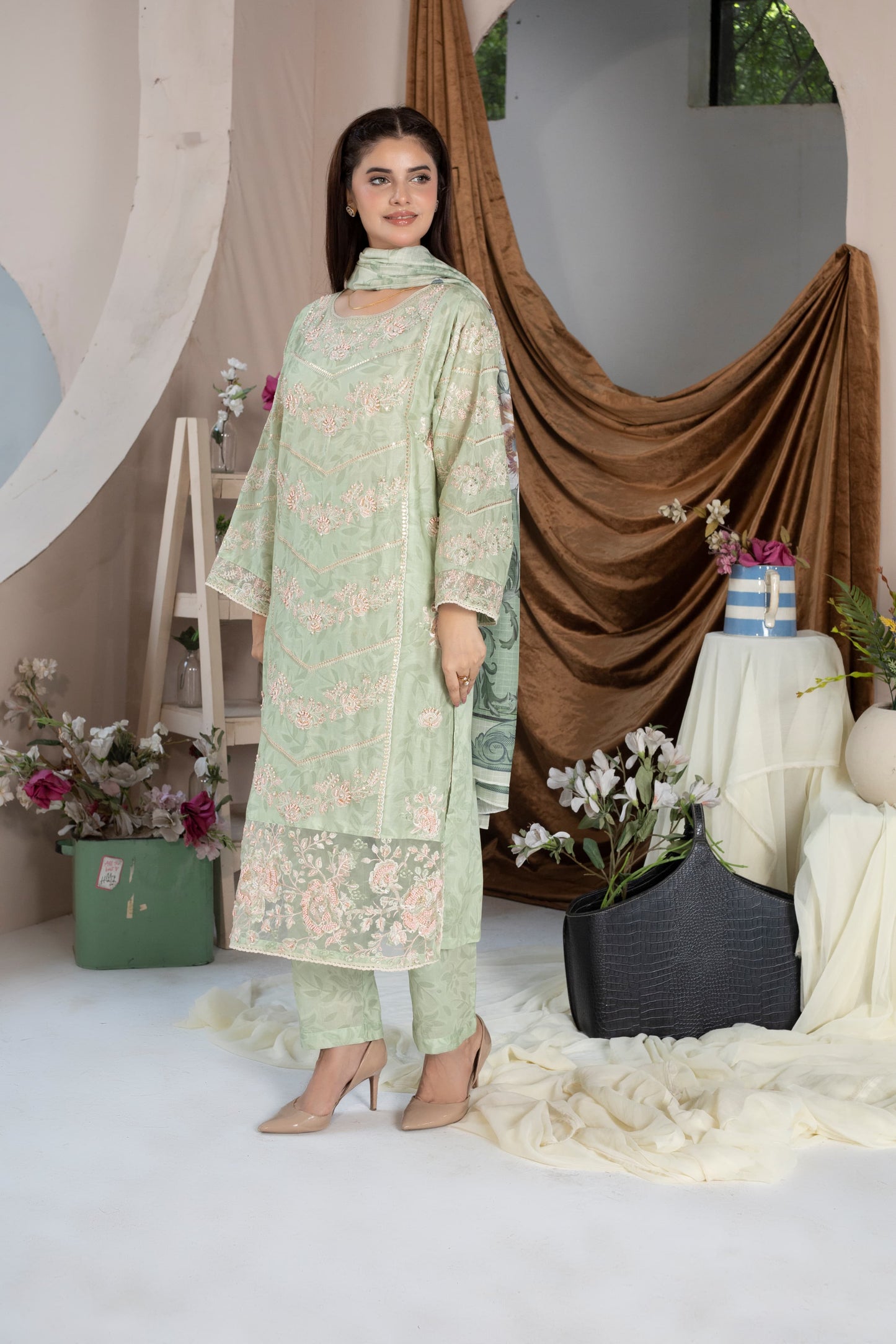 MH008 lawn fancy shirt style 3pc ladies suit by threads or buttons