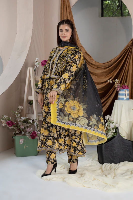 MH002 lawn fancy jacket style with frock 3pc ladies suit