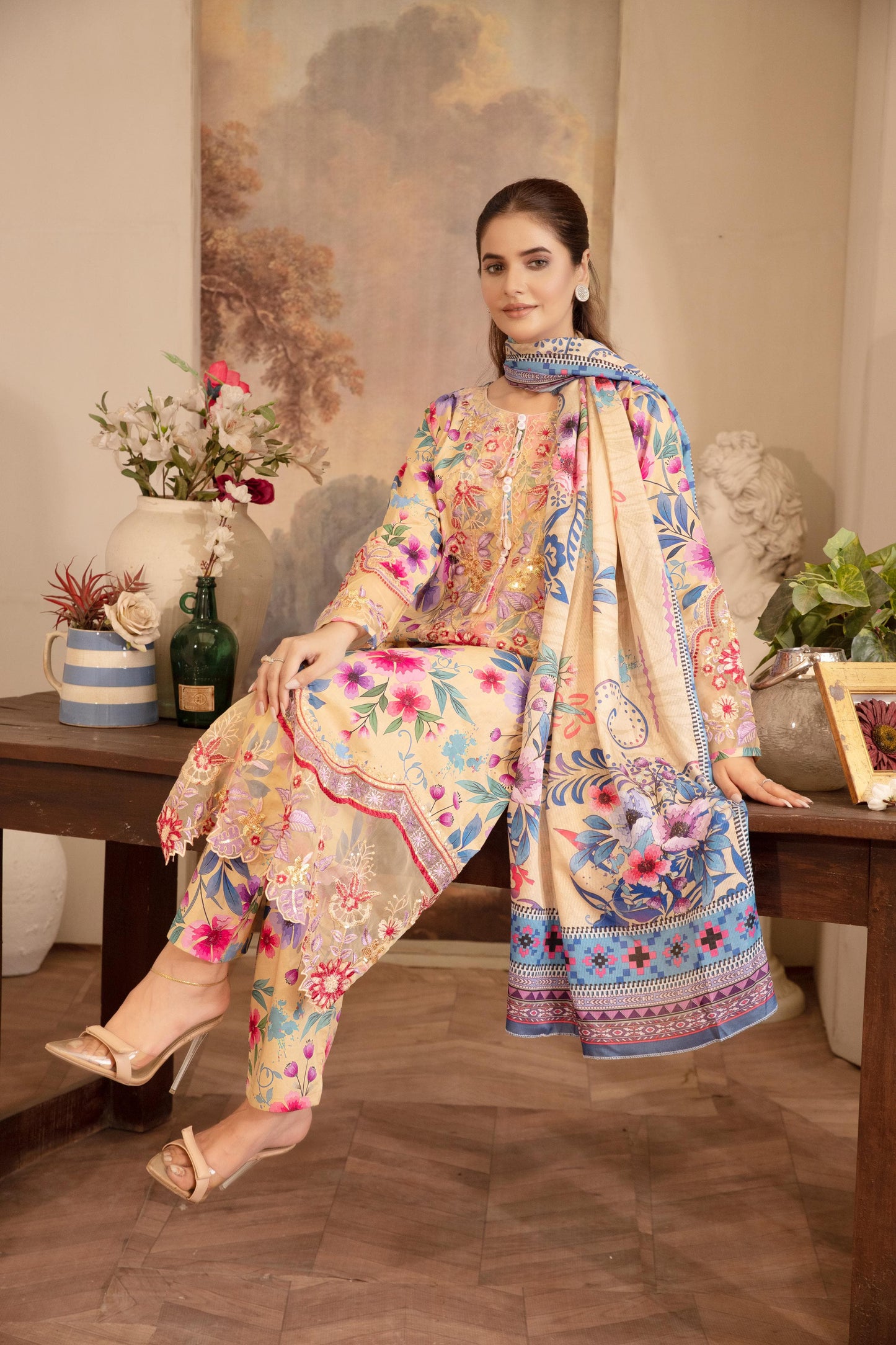 MH022 lawn fancy patch work shirt style 3pc