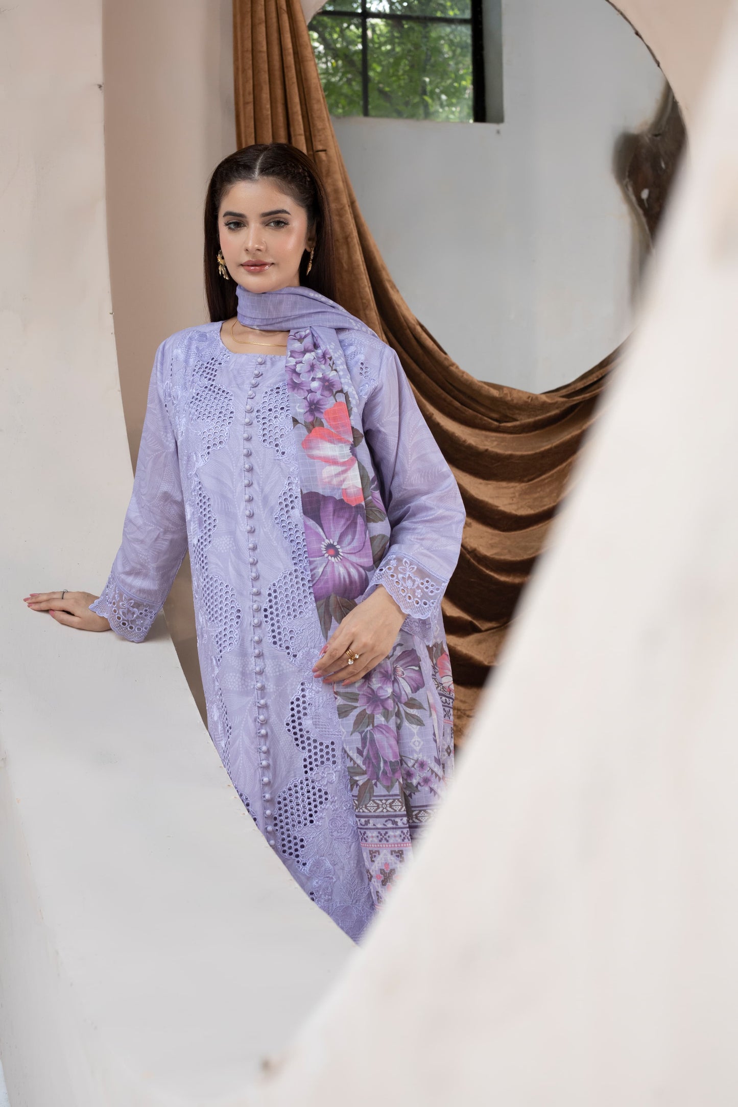 MH004 lawn fancy shirt style 3pc ladies suit by threads or buttons