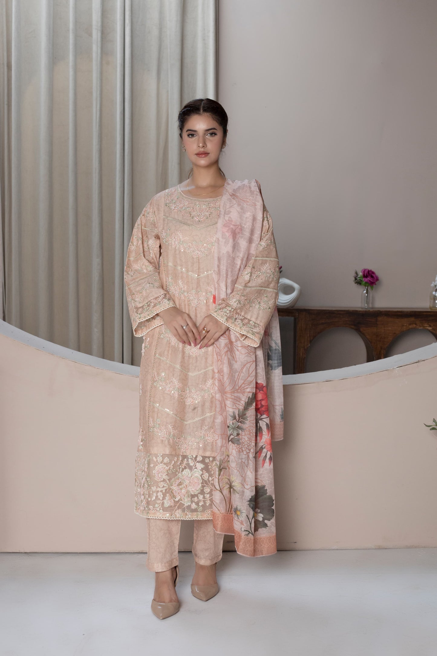 MH006 lawn fancy shirt style 3pc ladies suit embroidery by threads or buttons