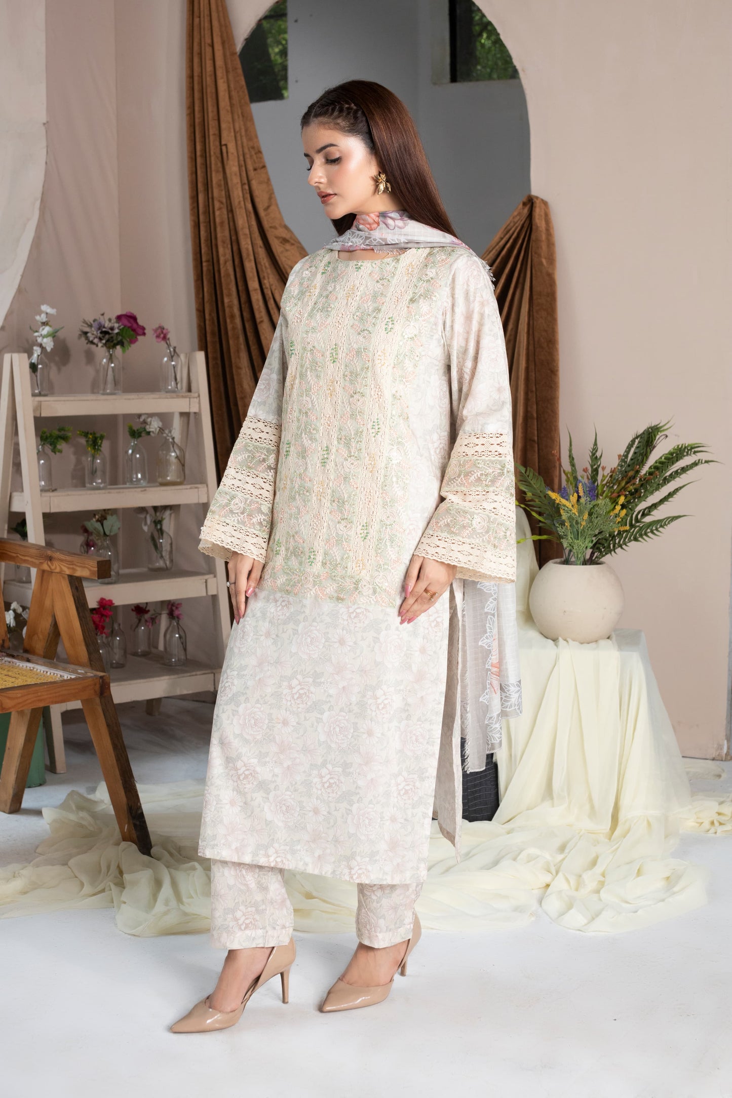 MH010 lawn fancy shirt style 3pc ladies suit by threads or buttons
