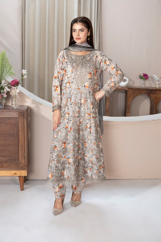MH009 lawn fancy frock style 3pc ladies suit by threads or buttons