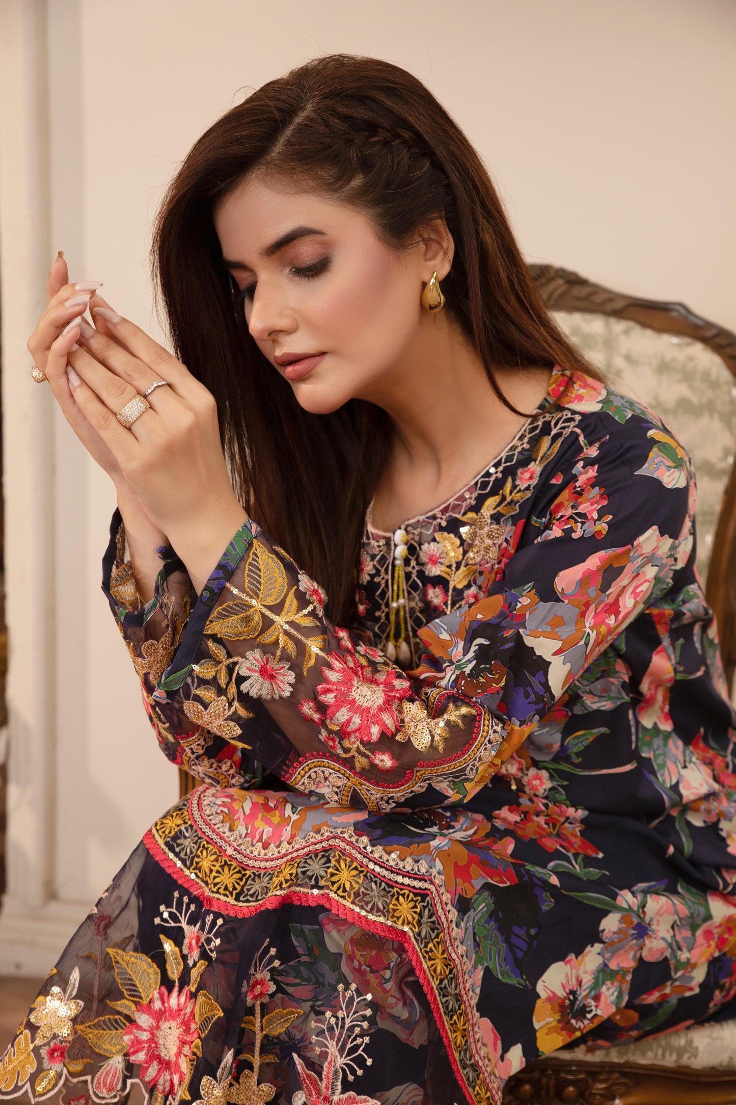 MH019 lawn fancy frock style patch work 3pc ladies suit
