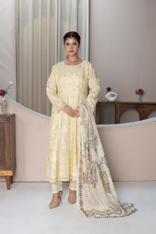 MH007 lawn fancy frock style 3pc ladies suit by threads or buttons